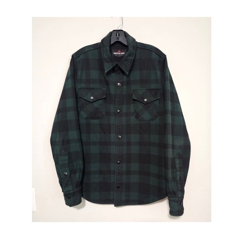 American Giant Redwood Fleece Jacket Mens S Green Black Buffalo Plaid Snap‎ ~